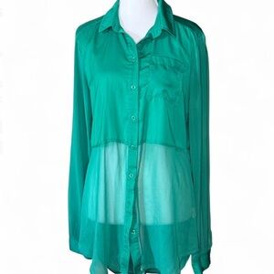 Free People Teal Sheer Button-Down Blouse – Size Small